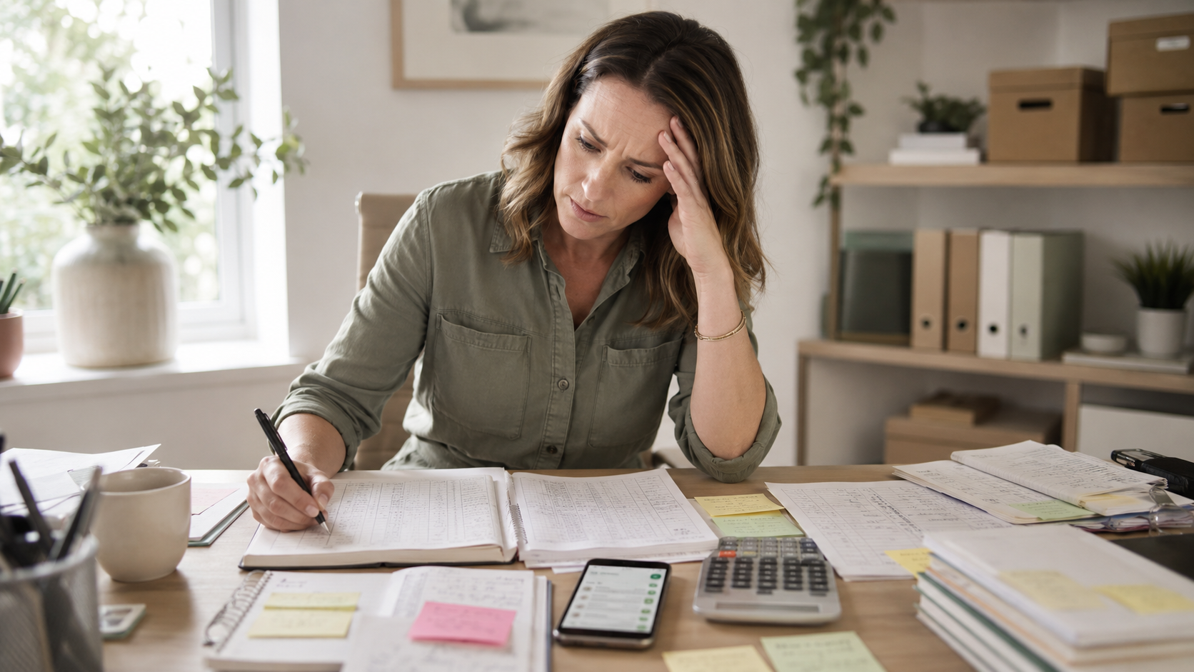 A business owner reviewing paper attendance records at her desk.