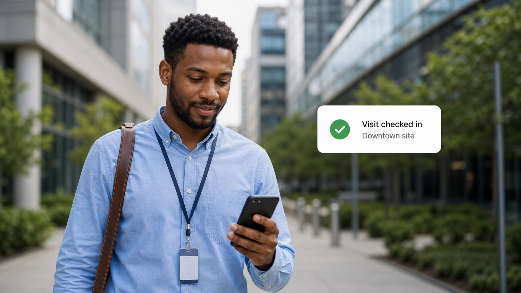 A field employee checking in at a customer site with a visit confirmation card.