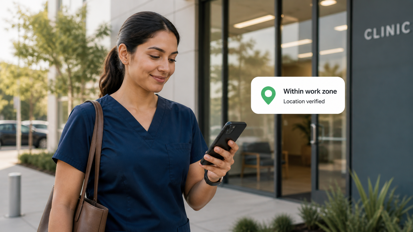 An employee outside a workplace with a location card confirming the correct work zone.