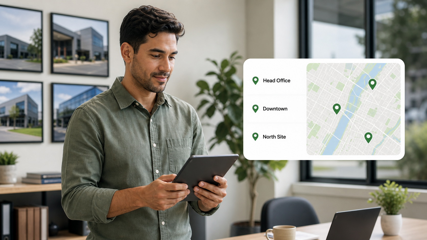 A business owner viewing attendance status across multiple locations on a tablet.
