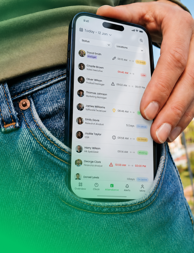 Obecno attendance app displayed on a phone in a pocket.